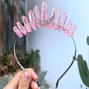 NIP! Genuine Pink Dyed Quartz Crystal Crowns with Silver Tone Findings and Moon!